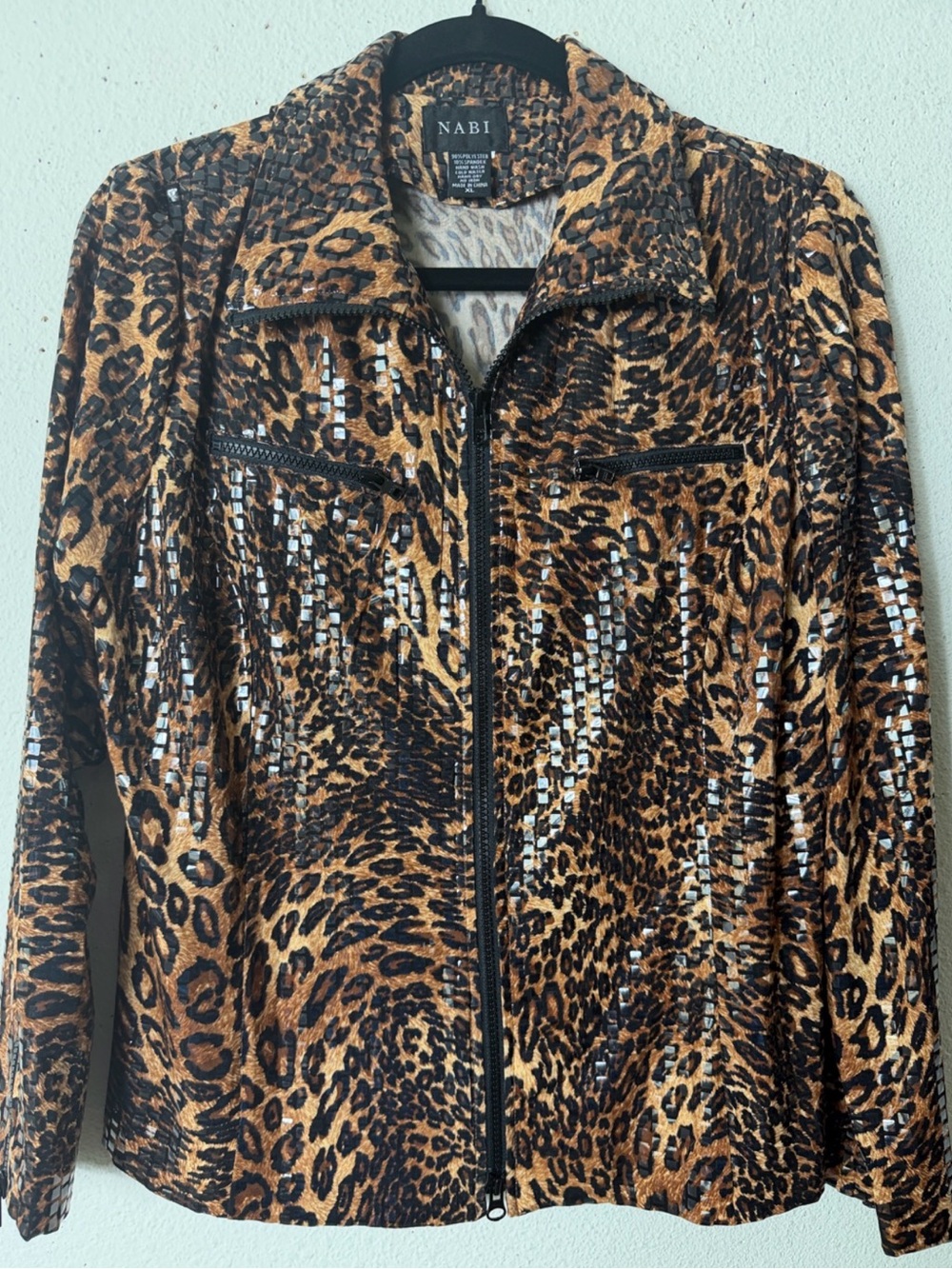 NABI Leopard Ladies Shimmer Stretch Blazer front sleeve pocket zippers XL - Picture 2 of 6